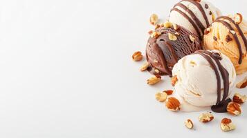 Delicious scoops of chocolate, vanilla, and orange ice cream drizzled with melted chocolate and topped with chopped almonds rest on a bright white background. photo
