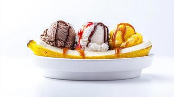 A delicious banana split dessert features three scoops of ice cream chocolate strawberry and vanilla topped with chocolate caramel and strawberry sauces. photo