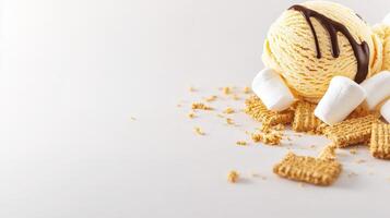 A delicious scoop of vanilla ice cream drizzled with chocolate sauce rests on a bed of mini hmallows and crumbled waffle cookies on a white background. photo