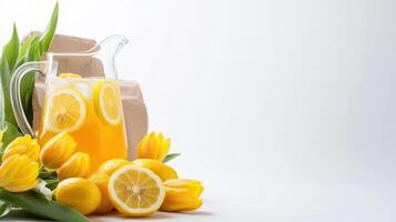 Refreshing homemade lemonade in a glass pitcher with ice and lemon slices sits beside yellow tulips and lemons on a white background perfect for sp or summer promotions. photo