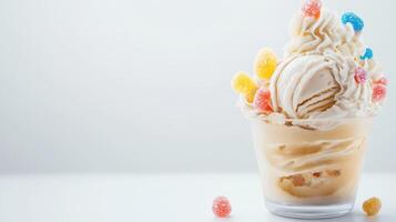 Creamy vanilla ice cream scoops served in a glass bowl topped with colorful gummy candies perfect for summer dessert menu or food blog. photo