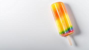 A vibrant rainbow popsicle rests on a clean white background perfect for summer themed designs or refreshing food advertisements. photo