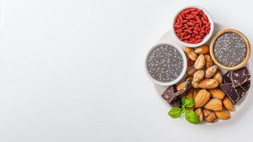 A healthy and nutritious breakfast featu chia seeds almonds goji berries and dark chocolate arranged on a white plate against a bright background perfect for health and photo