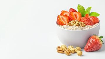 A delicious and healthy breakfast bowl of oatmeal topped with fresh strawberries, pecans, and peanuts is presented on a white background for a nutritious start to the day. photo