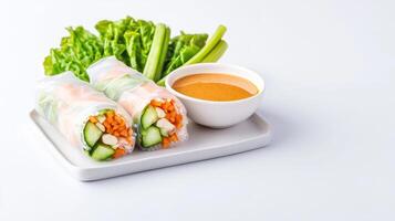 Two fresh delicious shrimp summer rolls served on a white plate with peanut sauce and fresh lettuce garnish on a white background perfect for healthy food blogs and websites. photo