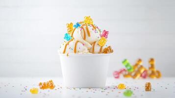 A delightful scoop of vanilla ice cream is topped with colorful gummy bears, caramel drizzle, and sprinkles in a small white cup against a bright background. photo