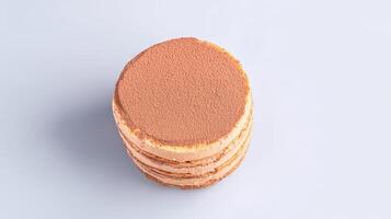 A delectable round layered cake is dusted with cocoa powder on a light gray background perfect for bakery menu or dessert website. photo