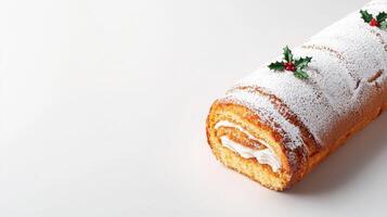 A delicious yule log cake sits on a white background dusted with powdered sugar and decorated with holly leaves for the Christmas season. photo