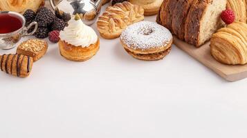 A delightful assortment of freshly baked pastries and sweet treats are artfully arranged on a white surface alongside a silver teapot and cup of tea. photo