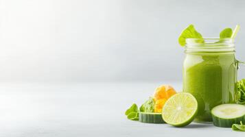A refreshing green smoothie in a mason jar with fresh ingredients like cucumber, lime, spinach and mandarin orange slices on a light gray background. photo