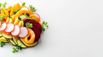 A vibrant and colorful array of thinly sliced raw vegetables including zucchini, carrots, beets, and radishes arranged artfully on a bright white background with ample copy space. photo