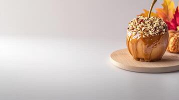 A delicious caramel drizzled with rich caramel sauce is topped with crunchy pecans and sits on a wooden board next to autumn leaves and pastries. photo