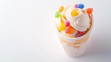 A delicious creamy vanilla ice cream sundae in a paper cup topped with colorful sugary candy is a perfect summer treat. photo