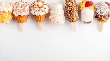 A delightful row of various ice cream treats on sticks including cones and bars with assorted toppings sits on a clean white background perfect for summer menus or sweet food photo