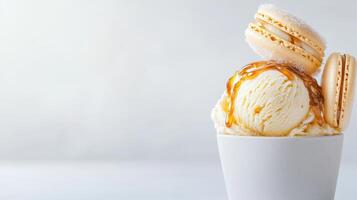 Creamy vanilla ice cream in a small white bowl topped with caramel sauce and delicate beige macarons creates a delightful dessert image perfect for culinary blogs and food photo