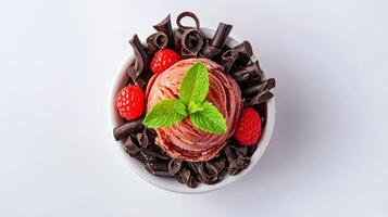 A delectable raspberry ice cream scoop is led in a white bowl surrounded by dark chocolate shavings and fresh raspberries creating a mouthwate dessert image perfect for photo