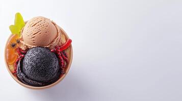 Two scoops of delicious ice cream in a bowl decorated with Halloween gummy candies spiders and worms ready for a spooky treat. photo