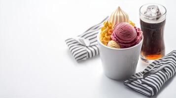 A delectable dessert of creamy vanilla and berry ice cream scoops with swirls of meue and a refreshing cola drink served in a stylish white cup. photo
