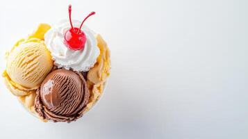 A delectable dessert featu scoops of vanilla and chocolate ice cream topped with whipped cream and a bright red cherry in a white bowl against a clean white background. photo