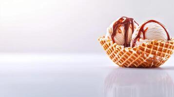 Two scoops of creamy vanilla ice cream in a crispy waffle bowl are drizzled with rich chocolate sauce creating a delightful dessert perfect for a hot summer day. photo
