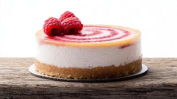 A delicious raspberry swirl cheesecake sits on a rustic wooden surface against a bright white background perfect for culinary websites or food blogs needing a tempting dessert photo