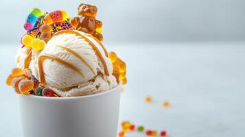 A delicious scoop of creamy vanilla ice cream is topped with gummy bears, sprinkles, and a caramel drizzle in a white cup against a light background. photo