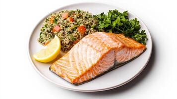 A delicious and healthy meal featu pan-seared salmon fillet served alongside a vibrant quinoa tabbouleh salad garnished with fresh parsley and a lemon wedge on a simple white photo