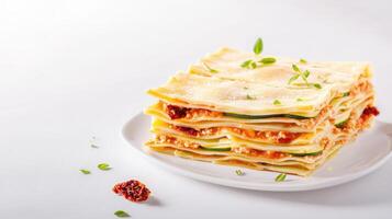 A stack of lasagna on a white plate photo