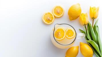 A refreshing pitcher of homemade lemonade garnished with lemon slices sits beside fresh lemons and bright yellow tulips on a white background perfect for summer recipes and blogs. photo