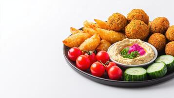 A delicious and healthy Mediterranean platter features crispy falafel balls, creamy hummus, golden potato wedges, juicy cherry tomatoes, and refreshing cucumber slices. photo
