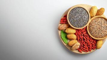 Nutritional supplements on wooden plate photo