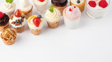 An assortment of delicious mini desserts in waffle cones and glasses features various creamy toppings fresh berries and chocolate showcasing a delightful sweet treat perfect for photo