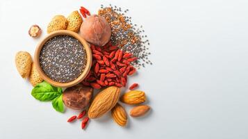 A vibrant overhead shot displays chia seeds, almonds, goji berries, hazelnuts and other superfoods arranged artfully on a pristine white background perfect for healthy eating and photo