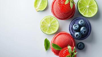 Delicious strawberry and blueberry sorbet scoops with lime slices and fresh mint leaves arranged artfully on a light gray background creating a vibrant and refreshing summer food photo