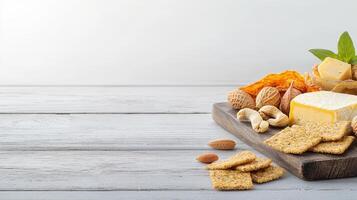 A delectable selection of gourmet cheeses, crunchy crackers, and assorted nuts arranged on a rustic wooden board offers a perfect appetizer or snack option. photo