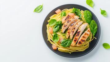 Grilled chicken breast slices served atop a bed of pesto spaghetti with fresh spinach leaves on a dark plate against a bright white background perfect for a healthy food blog or photo