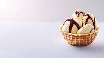 Delicious vanilla ice cream scoops drizzled with rich chocolate sauce served in a crispy waffle bowl on a bright white background perfect for dessert menus or food blogs. photo