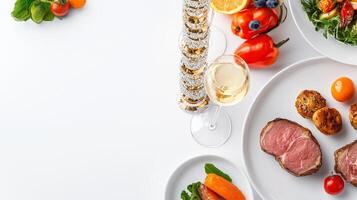A table with food and wine glasses on it photo