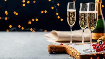 Two champagne flutes filled with sparkling wine sit on a wooden board with berries and a bottle of champagne in the background against a dark bokeh backdrop. photo