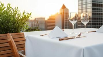 A table with two glasses and a knife and fork on it photo