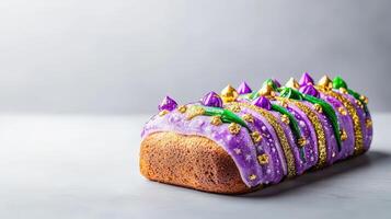 A delicious loaf cake is decorated with purple and gold icing swirls, glitte sprinkles, and edible accents creating a festive and celebratory dessert. photo