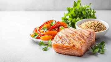 A delicious grilled salmon fillet is served with roasted bell peppers and a side of healthy quinoa for a nutritious and balanced meal. photo