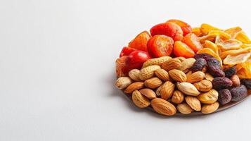 A healthy mix of dried fruits and nuts sits on a rustic wooden plate against a bright white background offe a delicious and nutritious snack option. photo