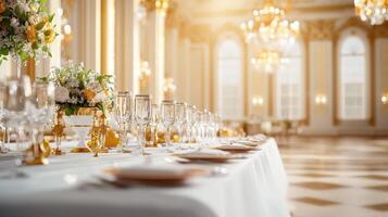 A long table with white linens and gold napkins photo