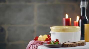 A rustic still life featu a double boiler of creamy cheese fondue next to fresh cherries and potatoes on a wooden board with lit candles and a wine bottle creating a warm photo