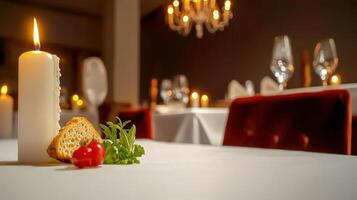 A single lit candle illuminates a romantic restaurant table setting with bread, pepper, and herbs, creating a warm and inviting ambiance for a fine dining experience. photo