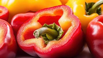 A vibrant red bell pepper is halved and displayed prominently amongst a group of other red and yellow bell peppers showcasing their fresh and juicy interiors. photo