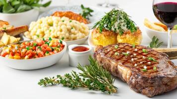 A succulent grilled ribeye steak is the centerpiece of a luxurious gourmet meal featu delicious side dishes like pasta, potatoes, and fresh salsa all served with a glass of red photo