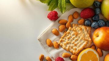 A healthy and delicious snack arrangement featu fresh fruit like raspberries, blueberries, peaches, and an orange alongside almonds and crackers on a light fabric. photo