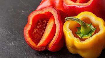 Vibrant red and yellow bell peppers sliced open showcasing their bright interiors and seeds against a dark textured background perfect for culinary or healthy food visuals. photo